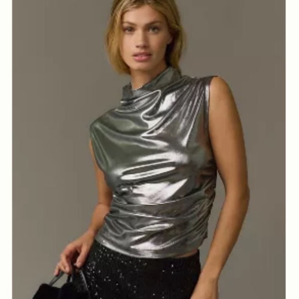 Maeve mock neck ruched shine tank in metallic